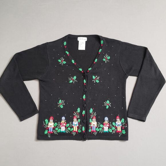Vintage BP Design Christmas Cardigan Sweater Nutcracker & Holly Embroidered SM - Picture 1 of 12